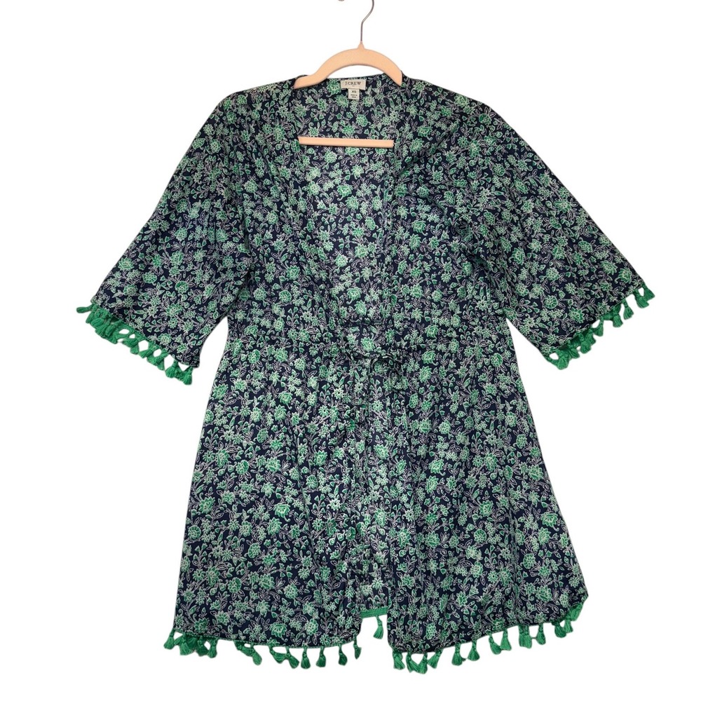 J.Crew Floral Tassel Trim Kaftan Swim Cover Up Navy Green XS Summer Beachwear